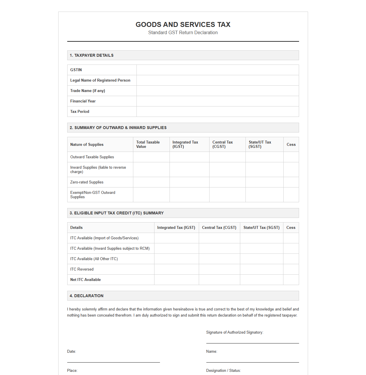 Standard GST Return Declaration Template
