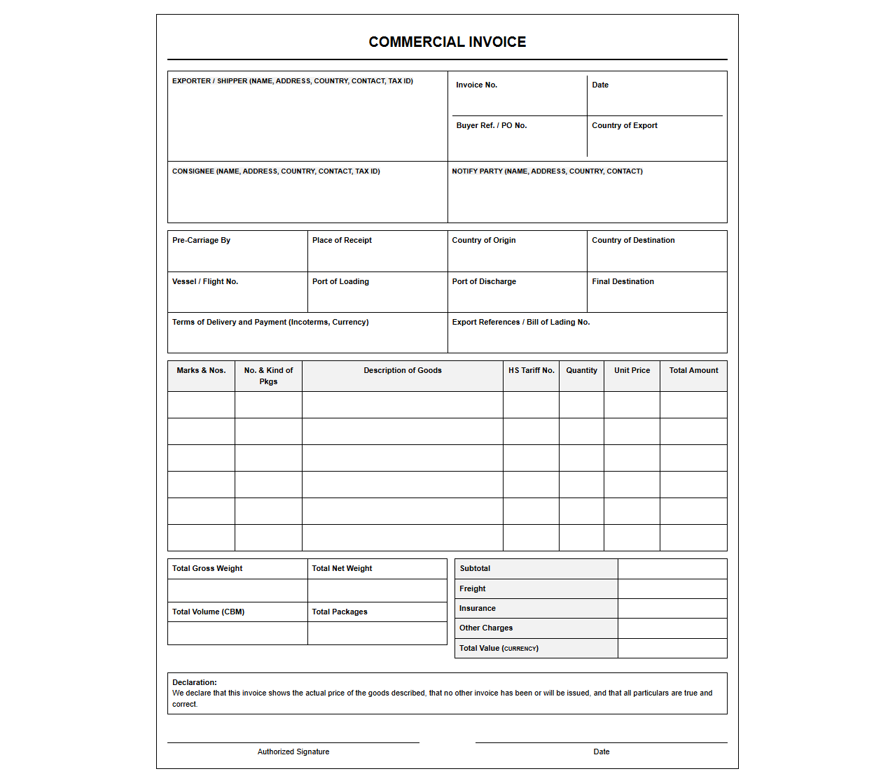 Standard Import Export Commercial Shipping Invoice