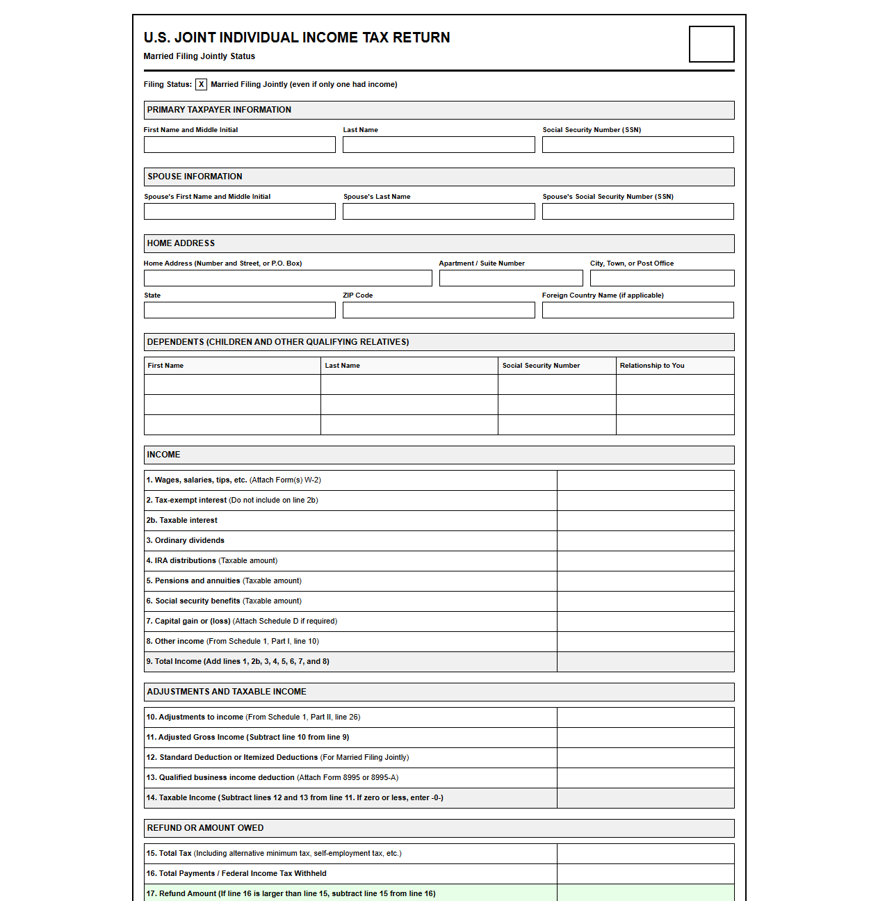 Standard Joint Tax Return Template for Spouses