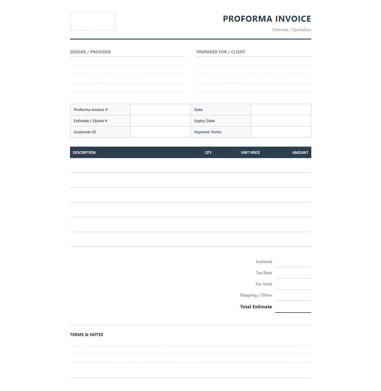 Standard Proforma Invoice for Client Estimates