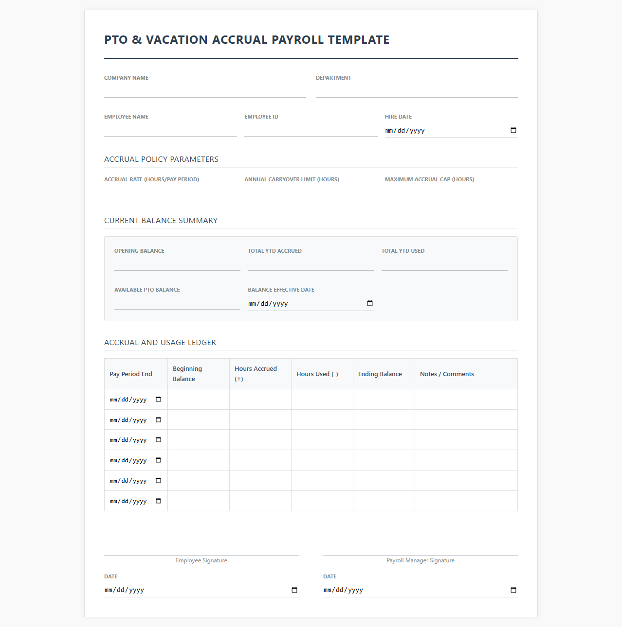 Standard PTO and Vacation Accrual Payroll Template