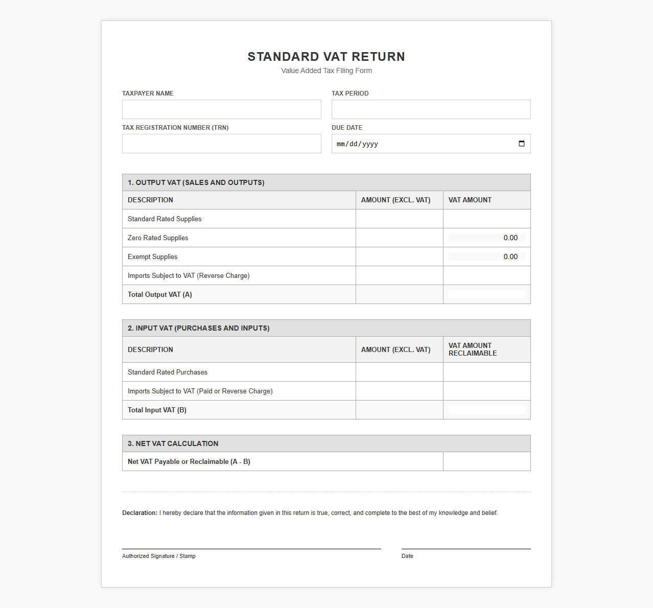 Standard VAT Return Filing Template