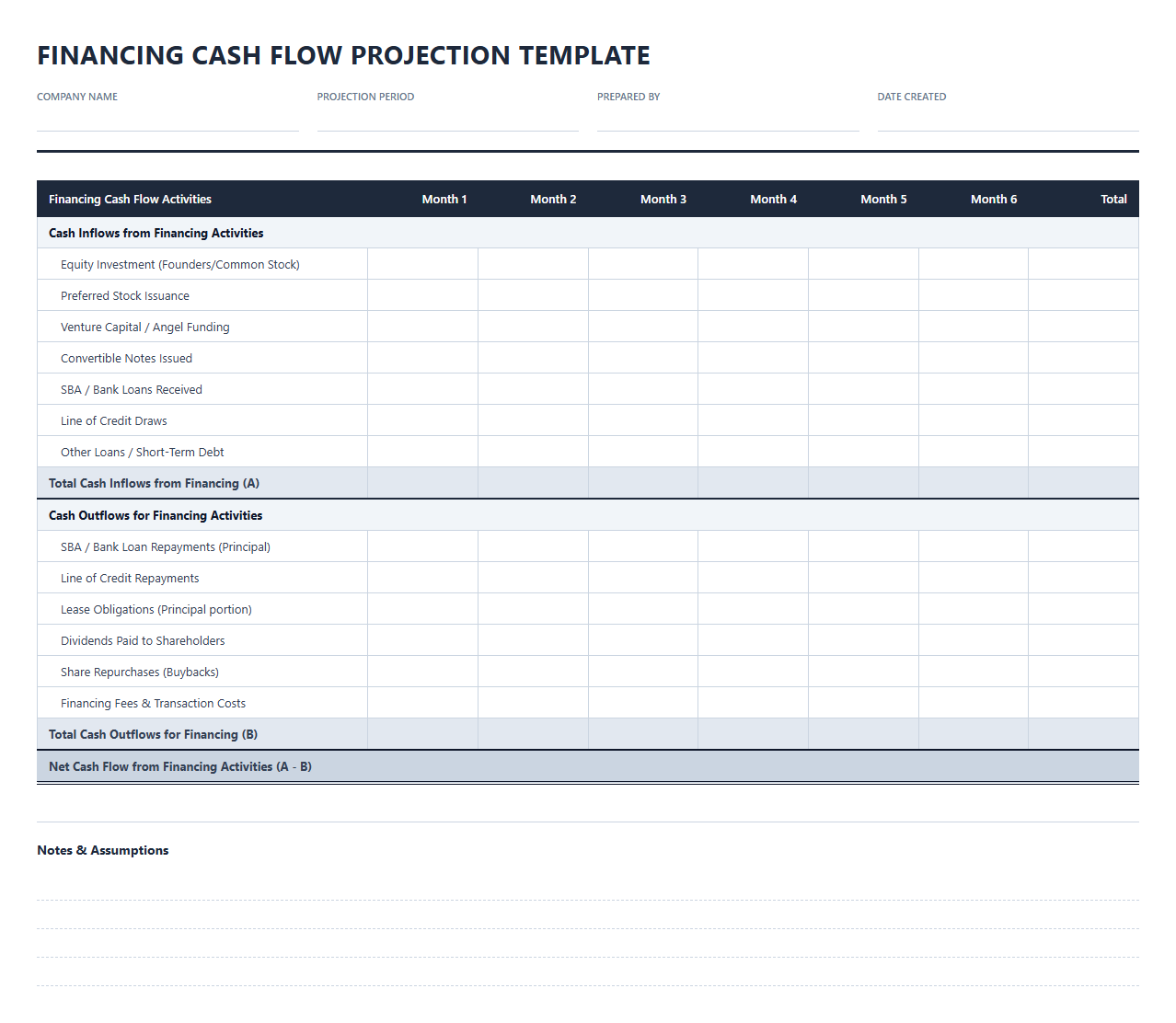 Startup Financing Cash Flow Projection Template