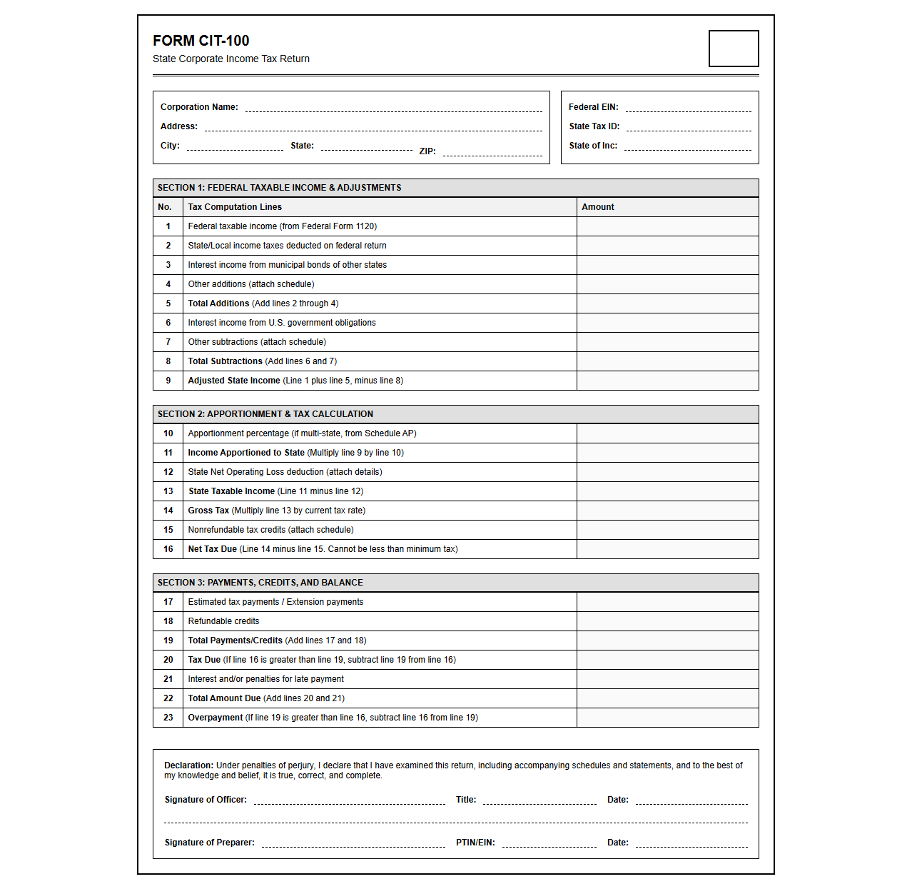 State Income Tax Return Template for Corporations