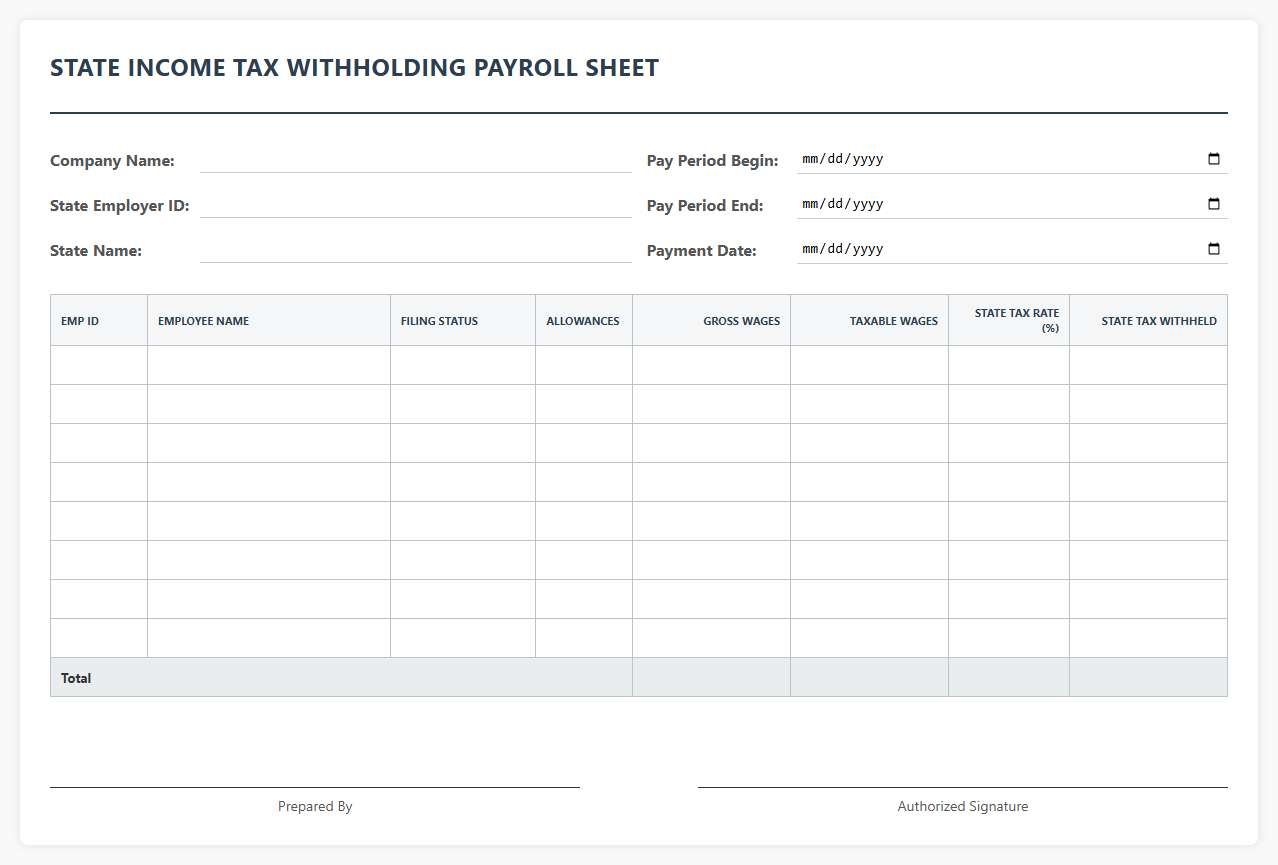 State Income Tax Withholding Payroll Sheet