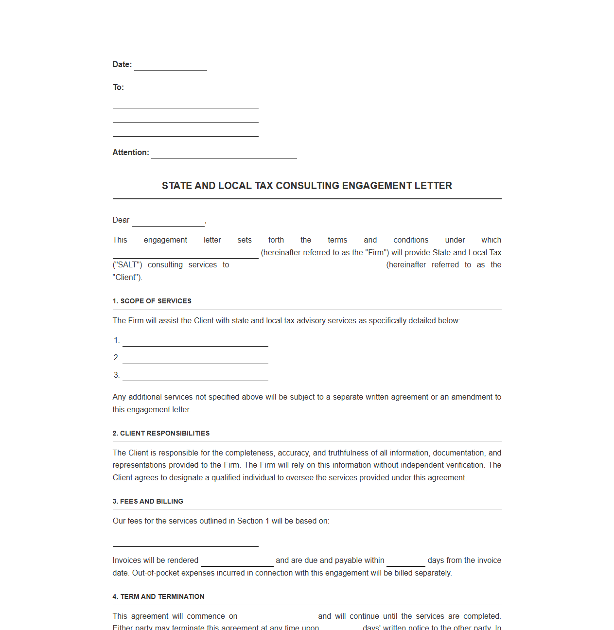 State and Local Tax Consulting Engagement Letter