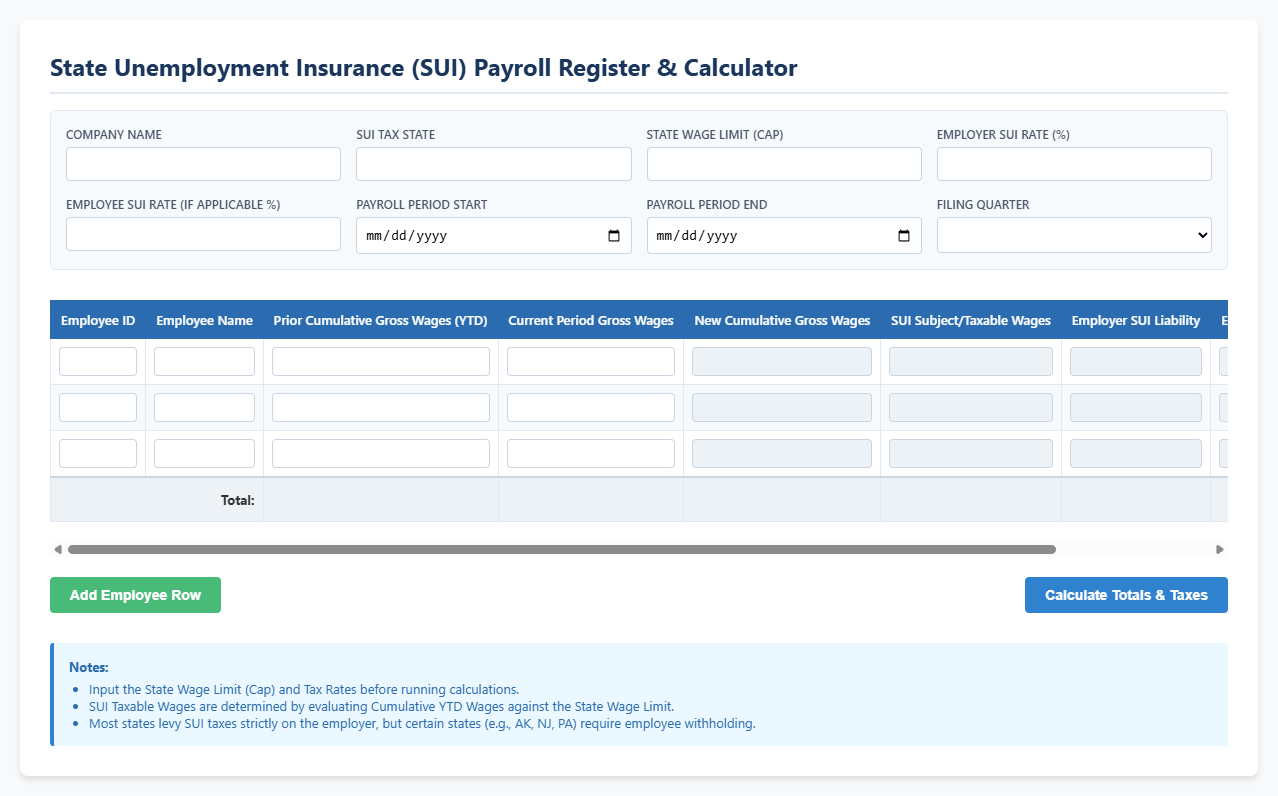 State Unemployment Insurance Payroll Register and Calculator