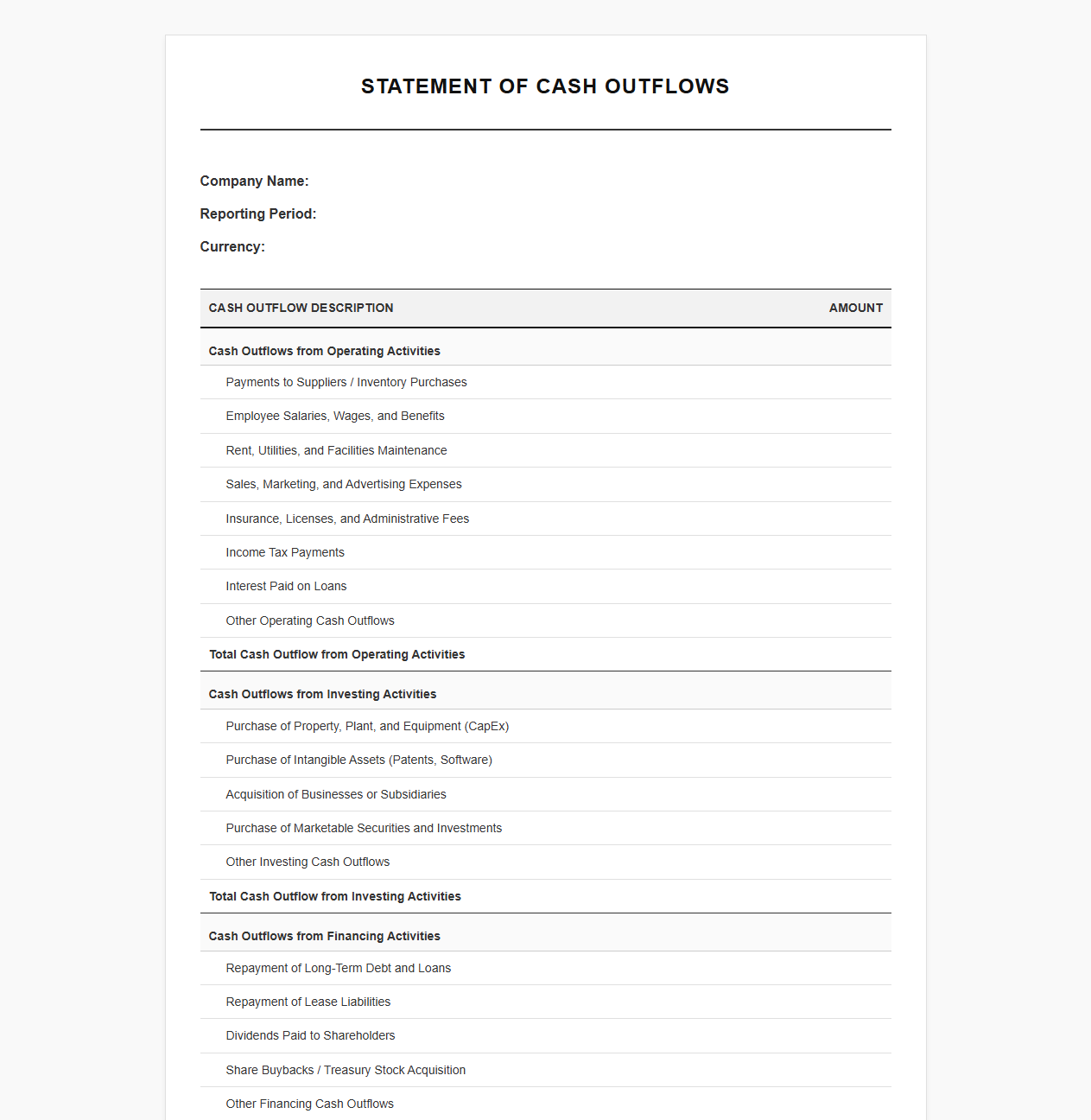 Statement of Cash Outflows Template