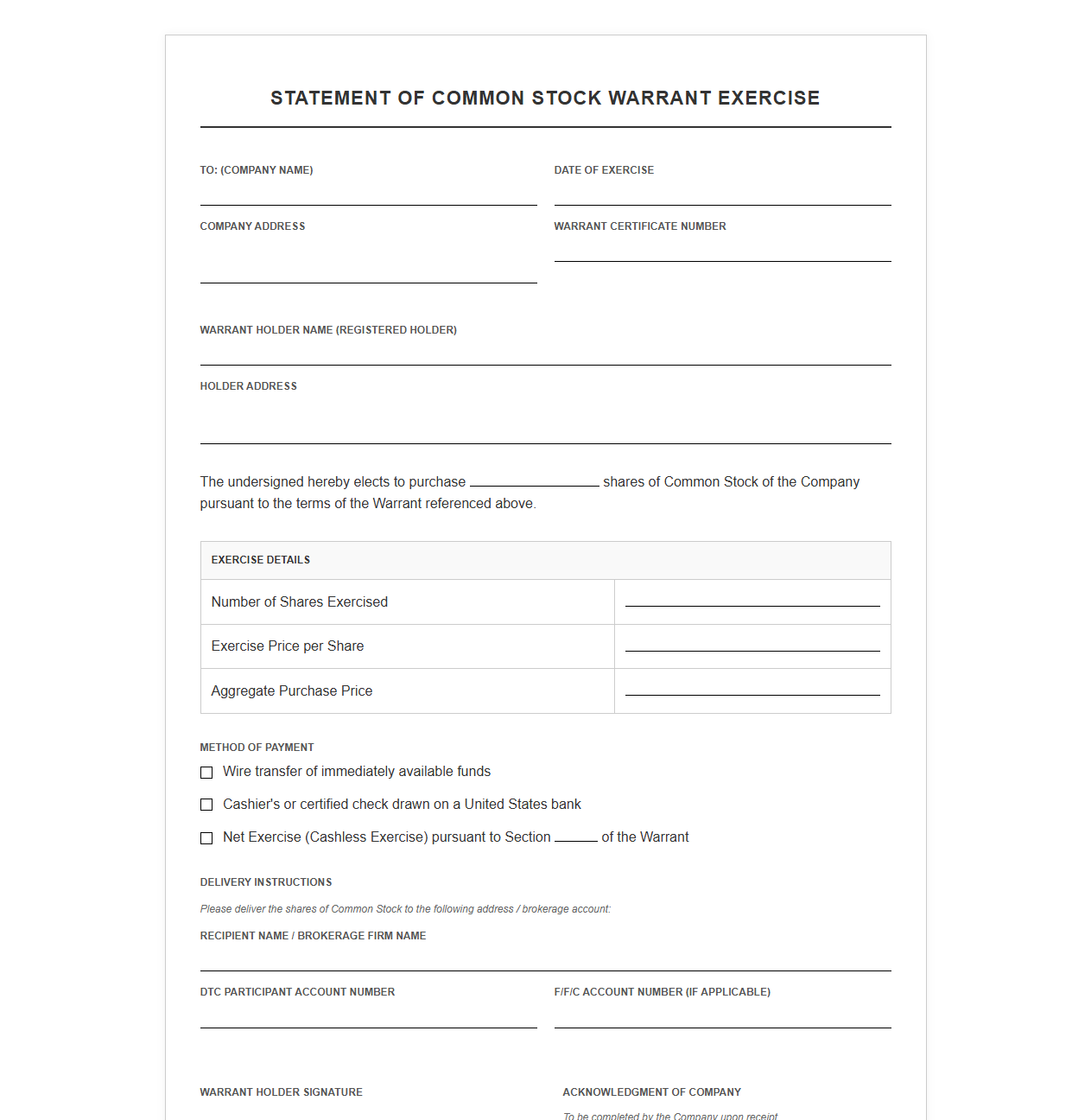 Statement of Common Stock Warrant Exercise