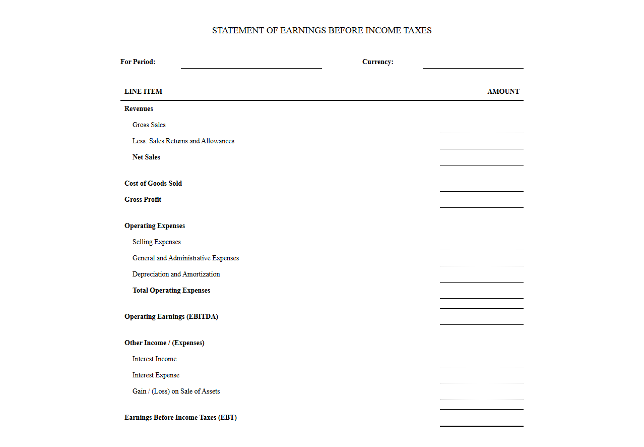 Statement of Earnings Before Income Taxes