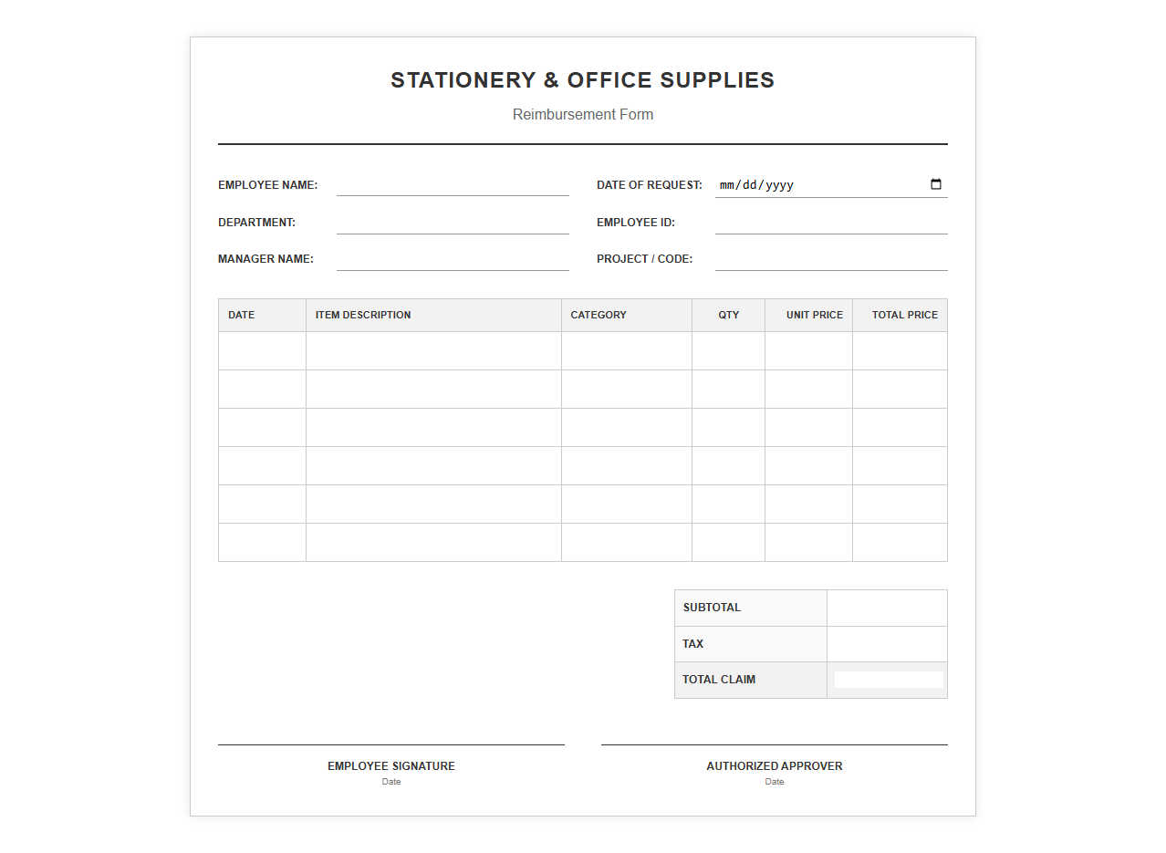 Stationery and Office Supplies Reimbursement Form