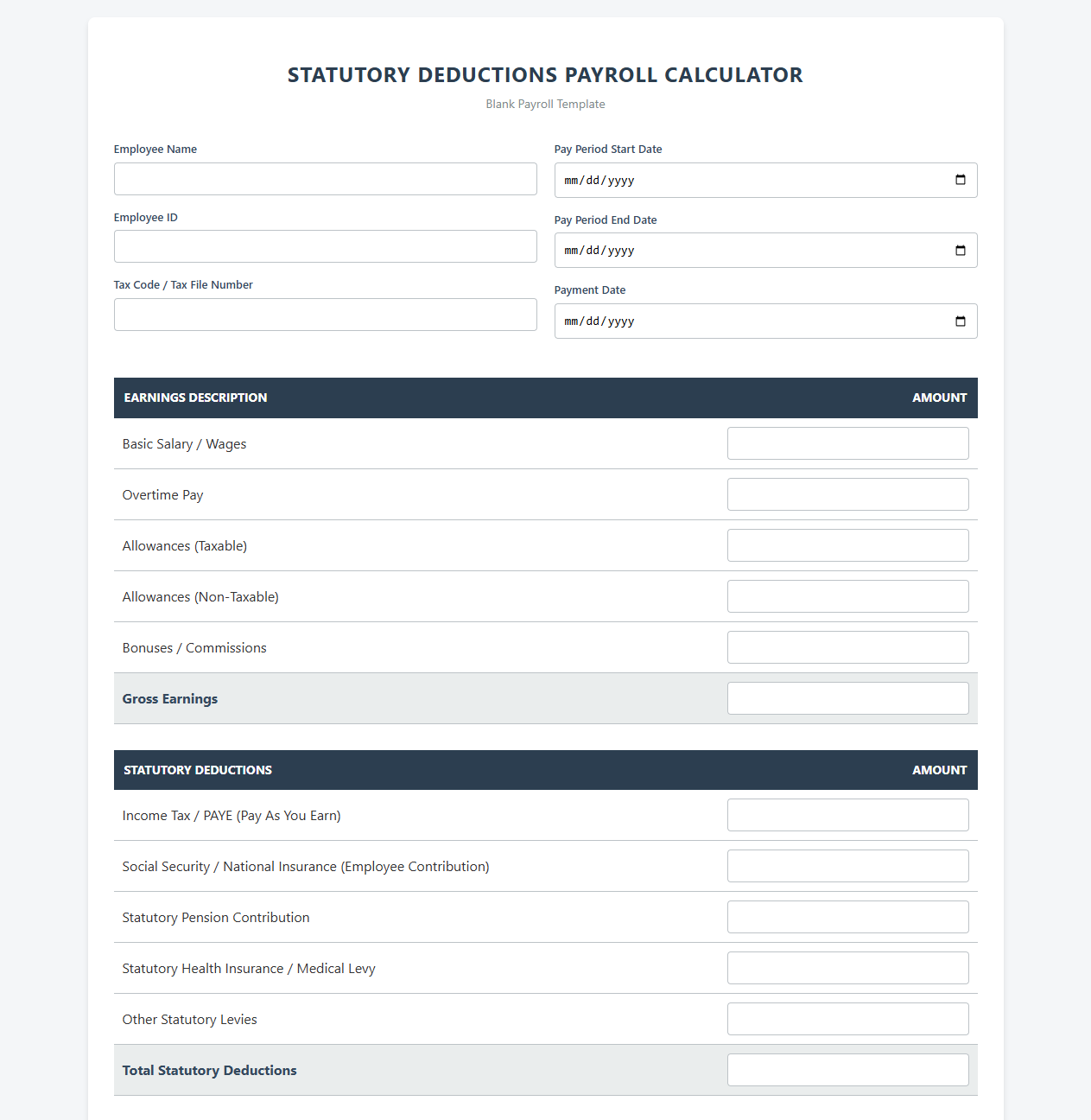 Statutory Deductions Payroll Calculator Template