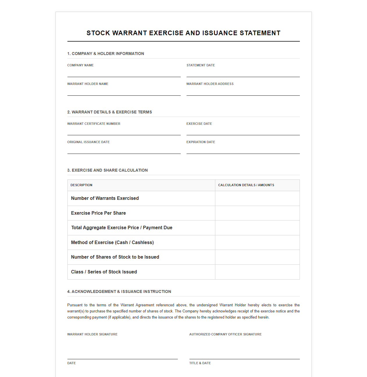 Stock Warrant Exercise and Issuance Statement