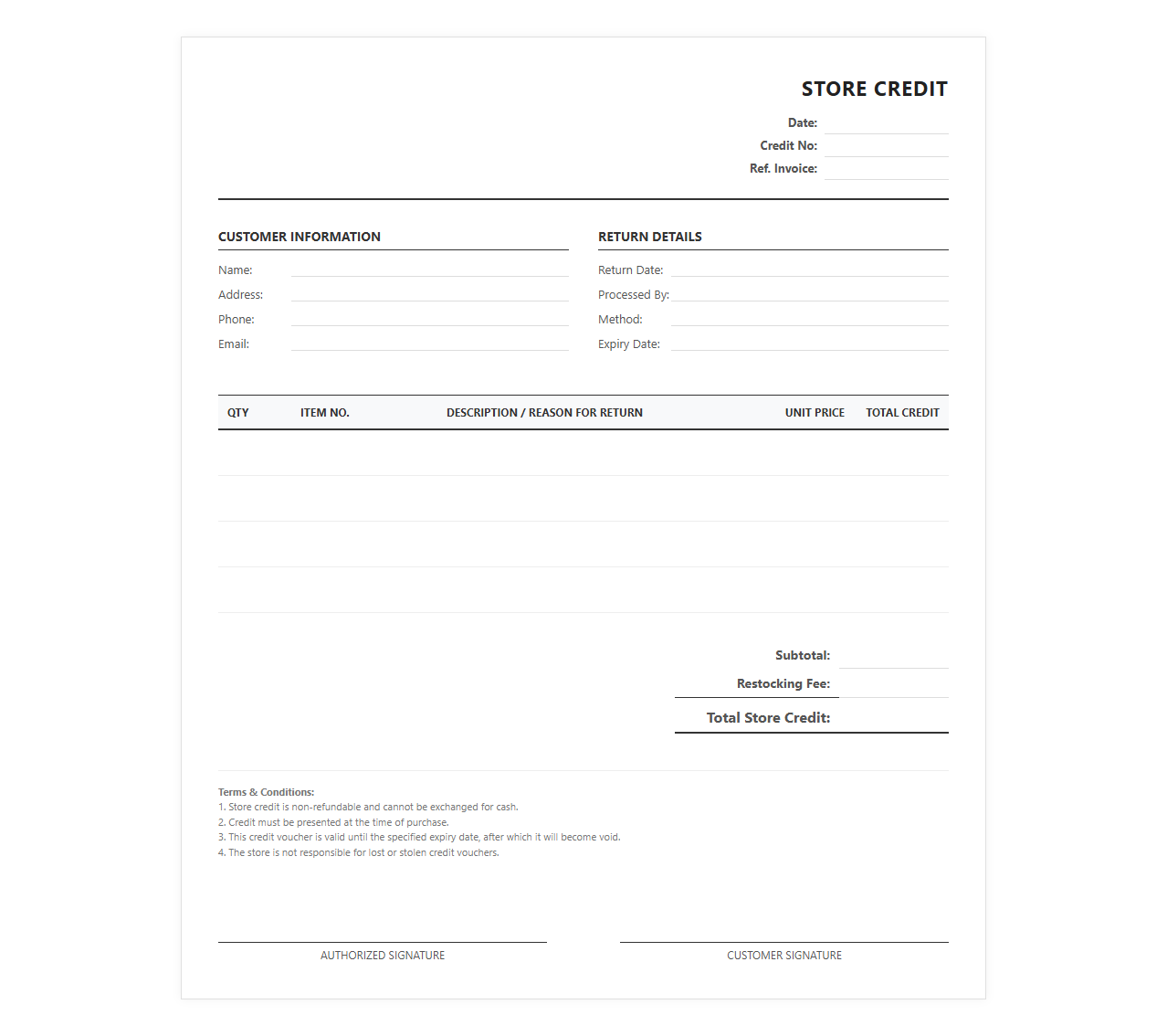 Store Credit Return Invoice Template