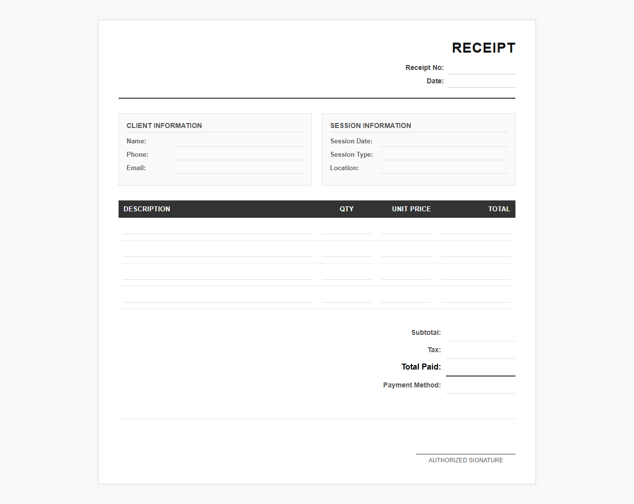 Studio Photography Session Payment Receipt