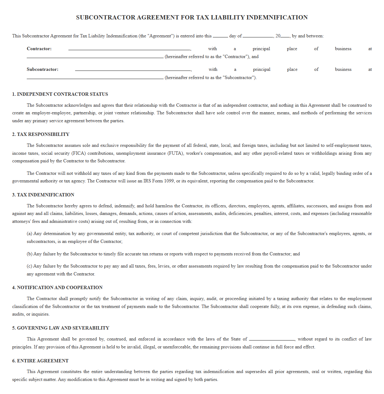 Subcontractor Agreement for Tax Liability Indemnification