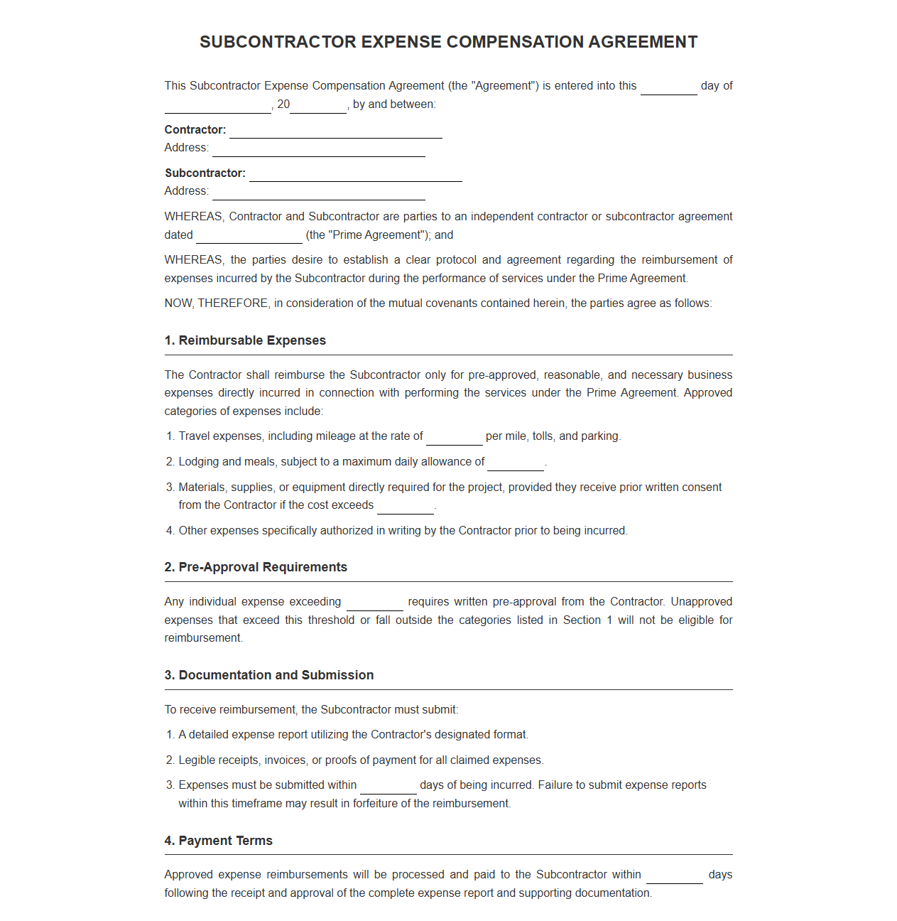 Subcontractor Expense Compensation Agreement Template