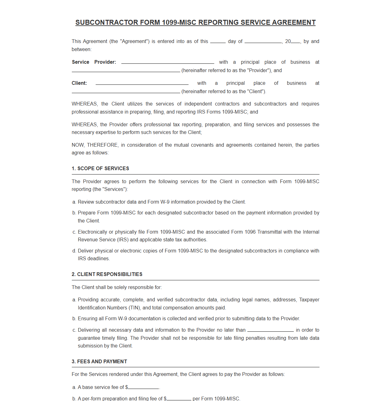 Subcontractor Form 1099-MISC Reporting Service Agreement
