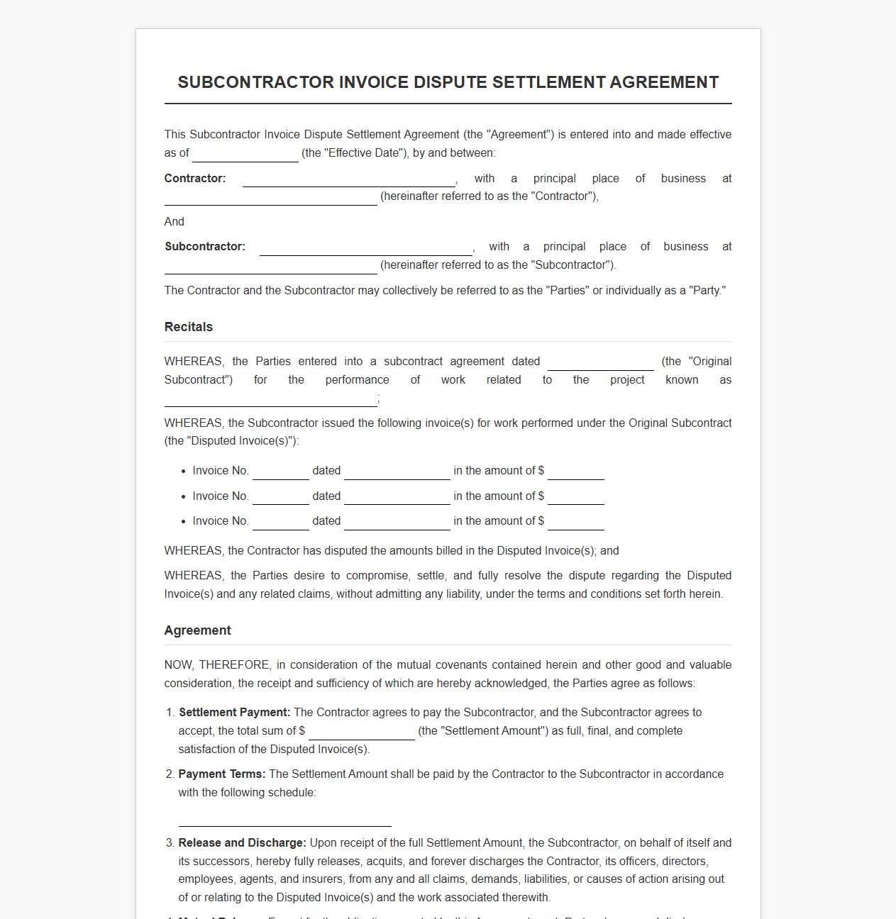 Subcontractor Invoice Dispute Settlement Agreement Template
