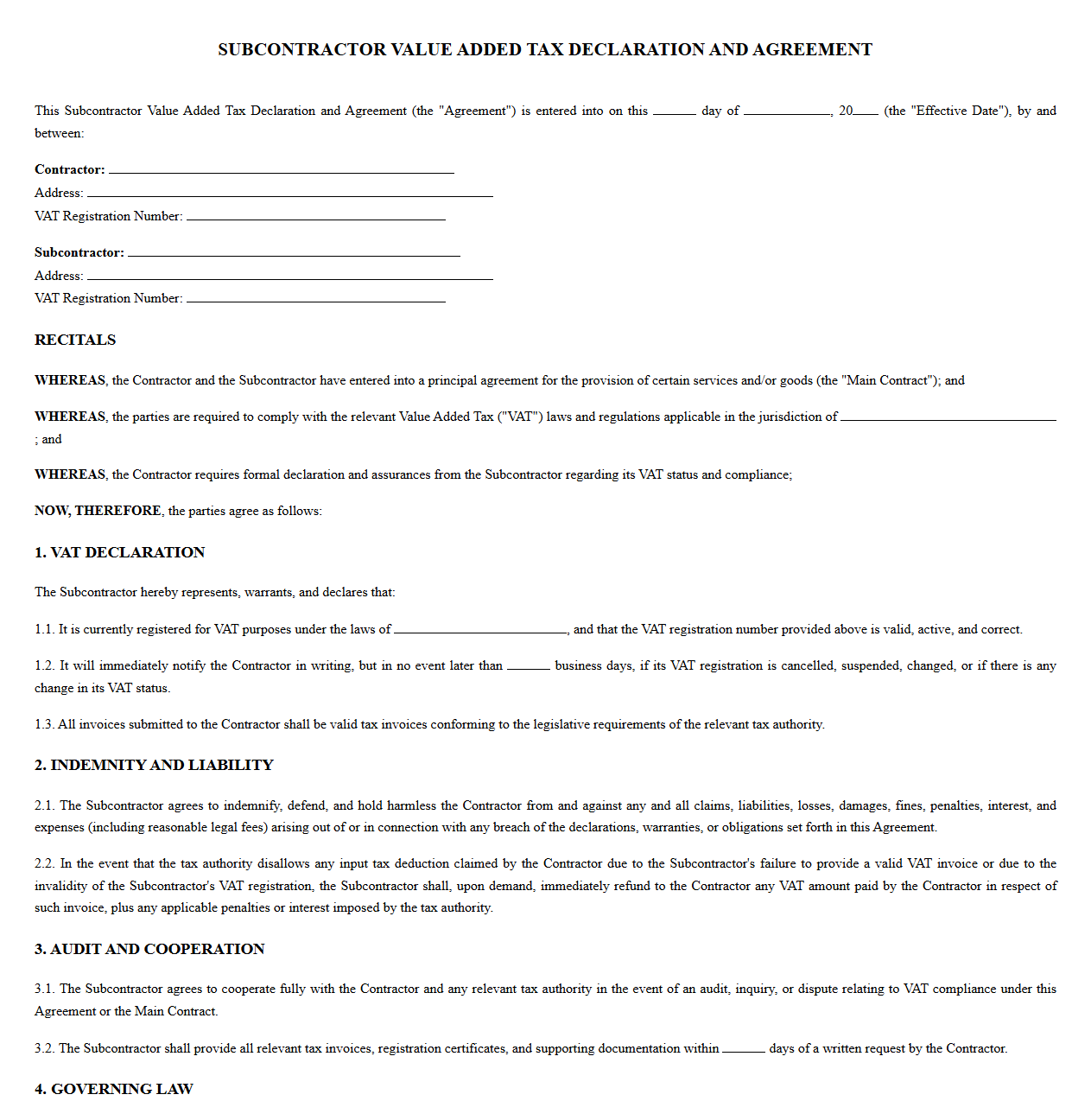 Subcontractor Value Added Tax Declaration and Agreement