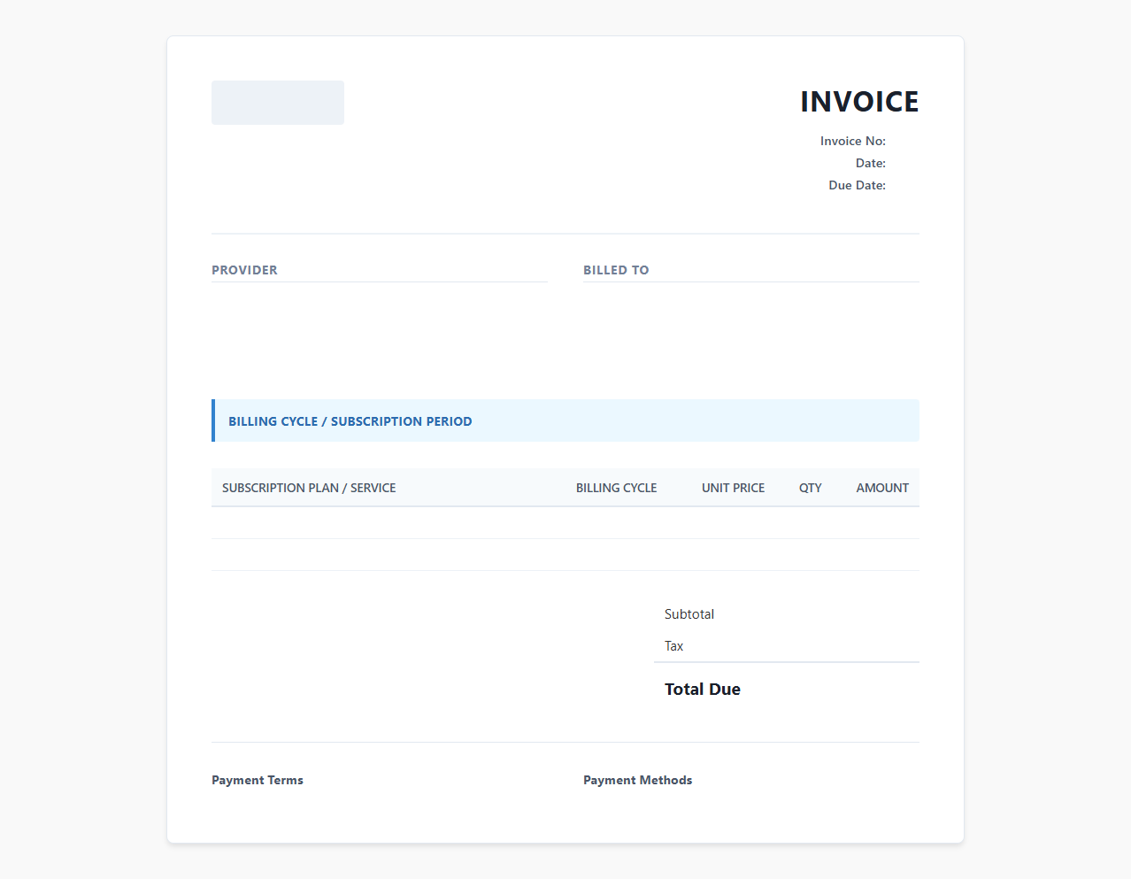 Subscription Based Fixed Fee Monthly Invoice