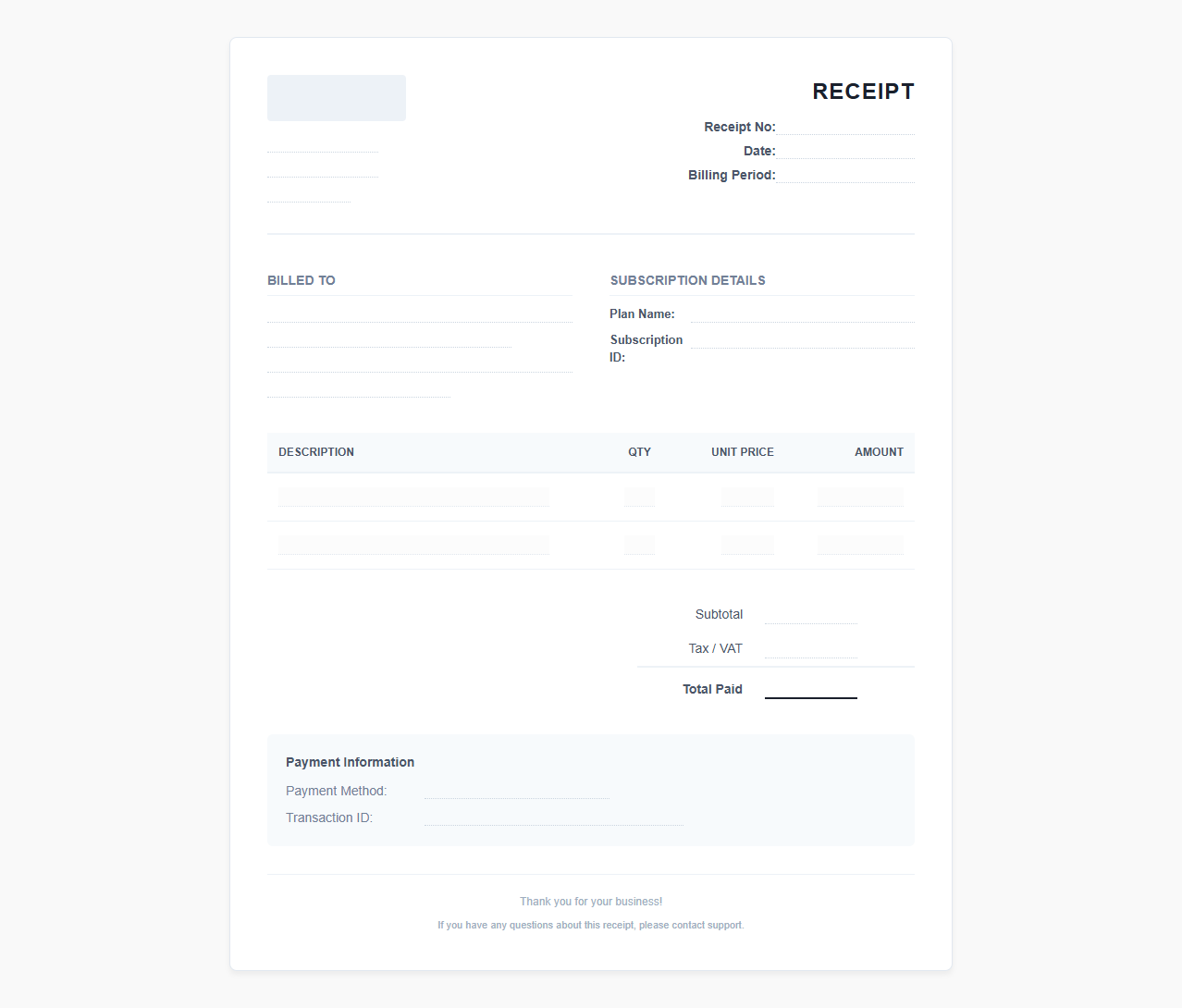 Subscription Service Monthly Billing Customer Receipt