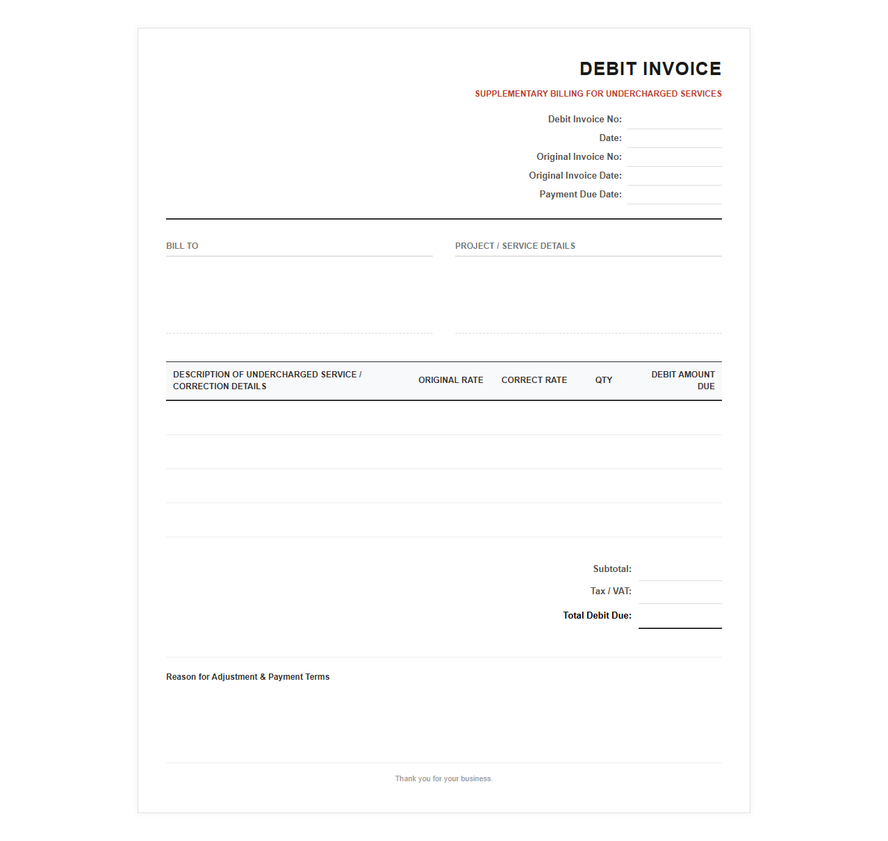 Supplementary Debit Invoice for Undercharged Services