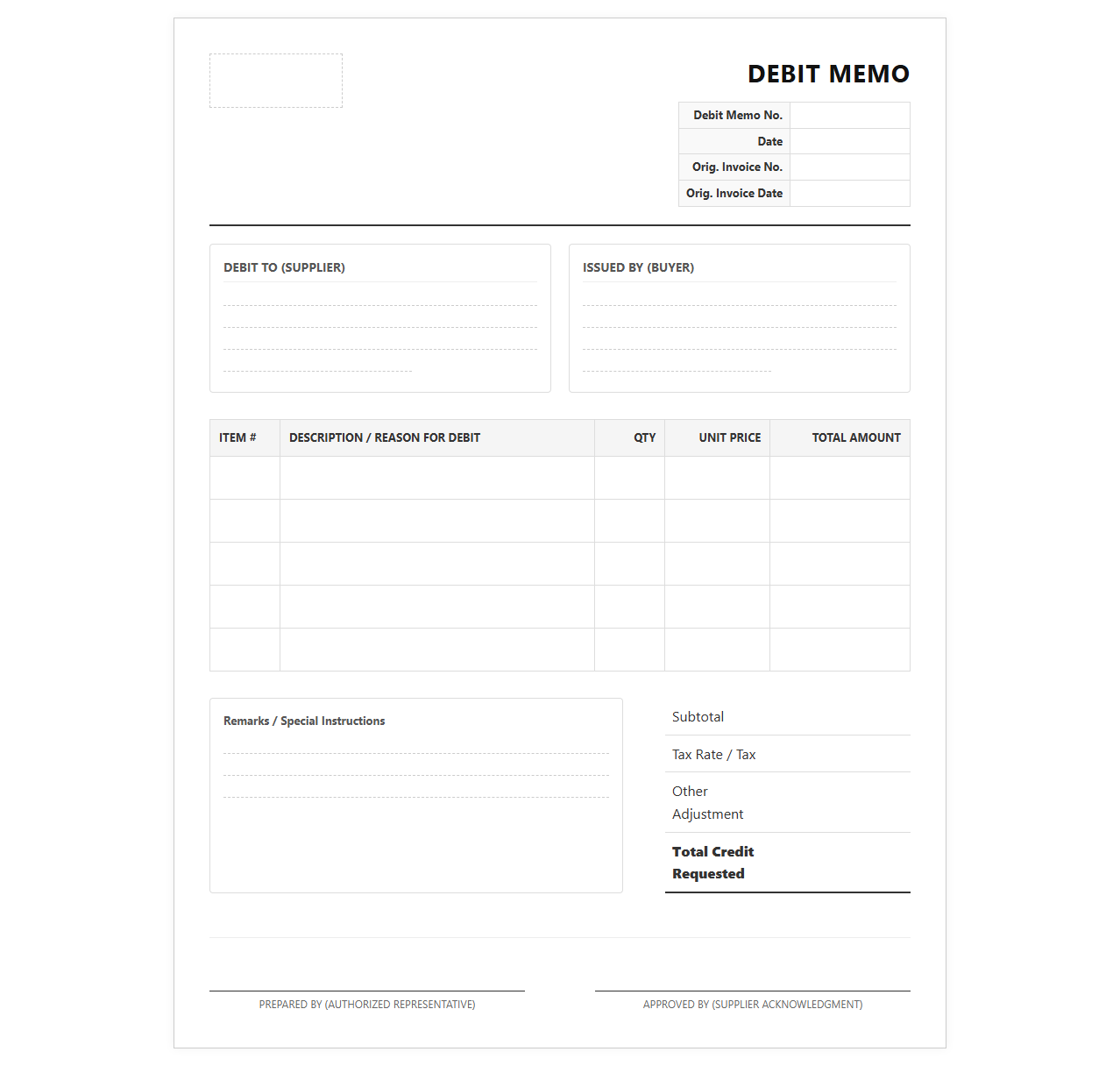 Supplier Debit Memo Invoice Template