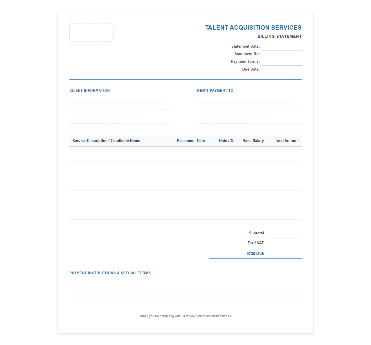 Talent Acquisition Services Billing Statement