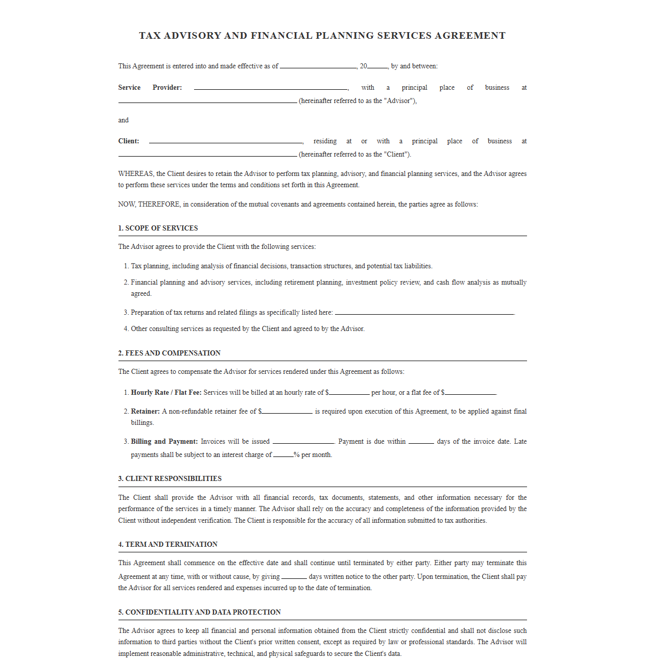 Tax Advisory and Financial Planning Services Agreement