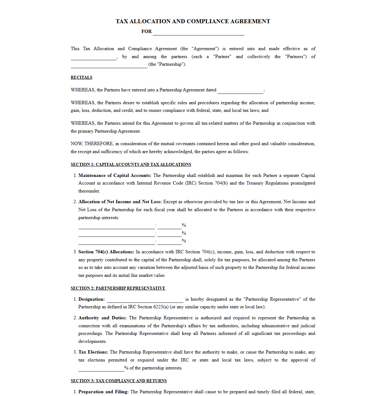Tax Allocation and Compliance Agreement for Partnerships