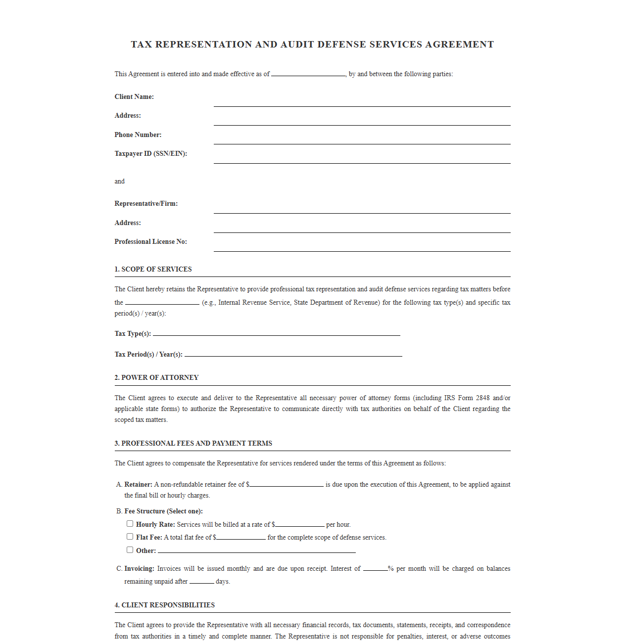 Tax Audit Defense and Representation Agreement Template