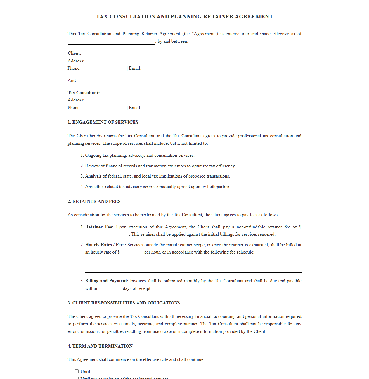 Tax Consultation and Planning Retainer Agreement