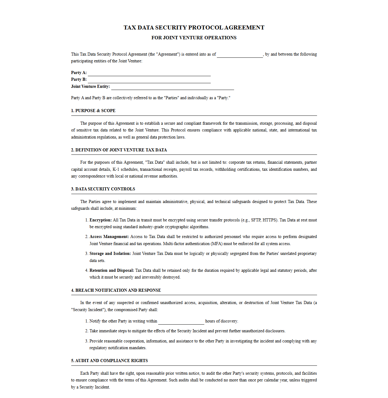 Tax Data Security Protocol Agreement for Joint Ventures