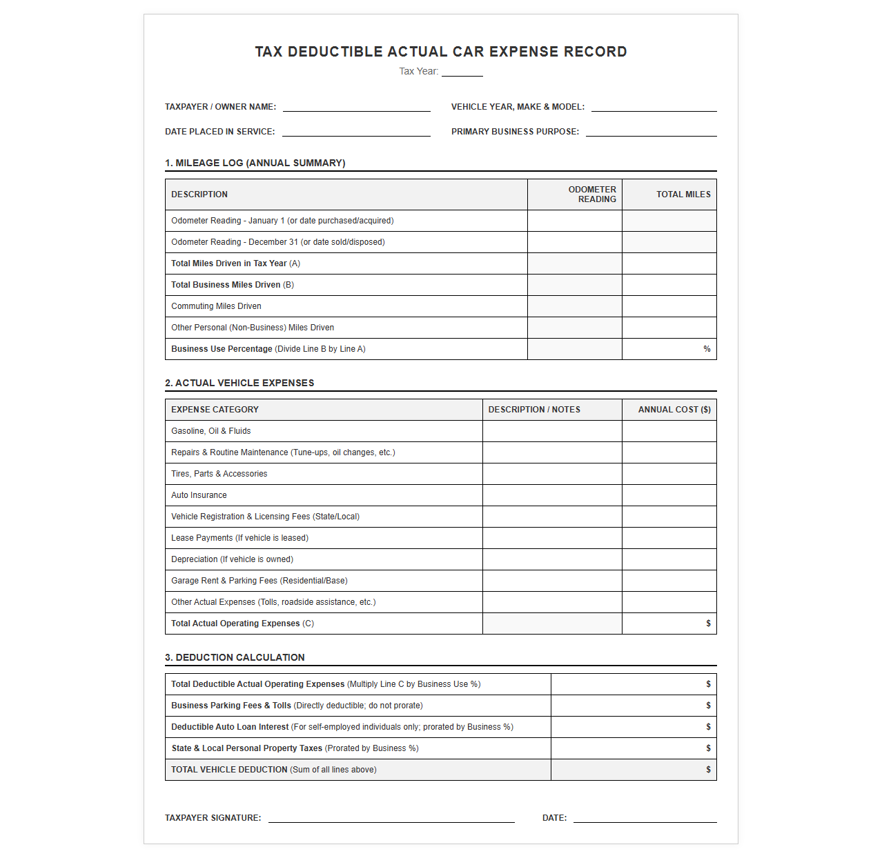 Tax Deductible Actual Car Expense Record