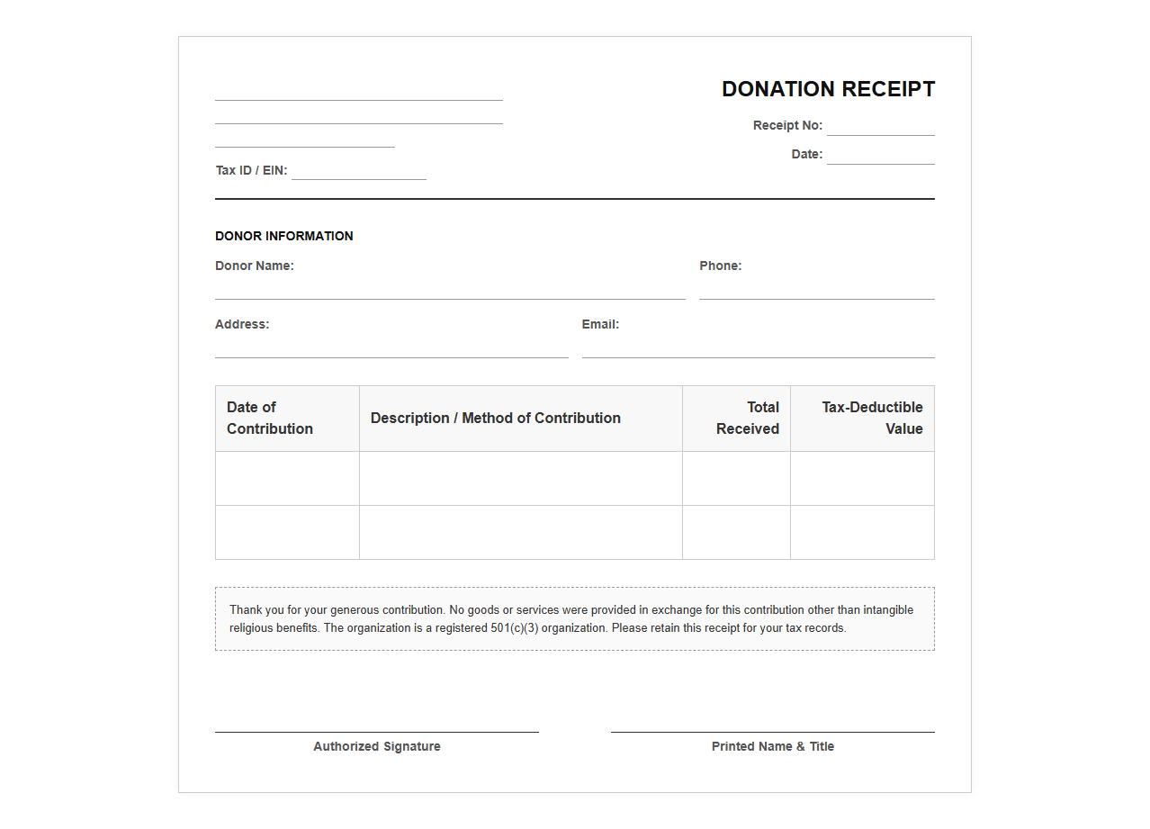 Tax Deductible Donation Receipt for Individuals