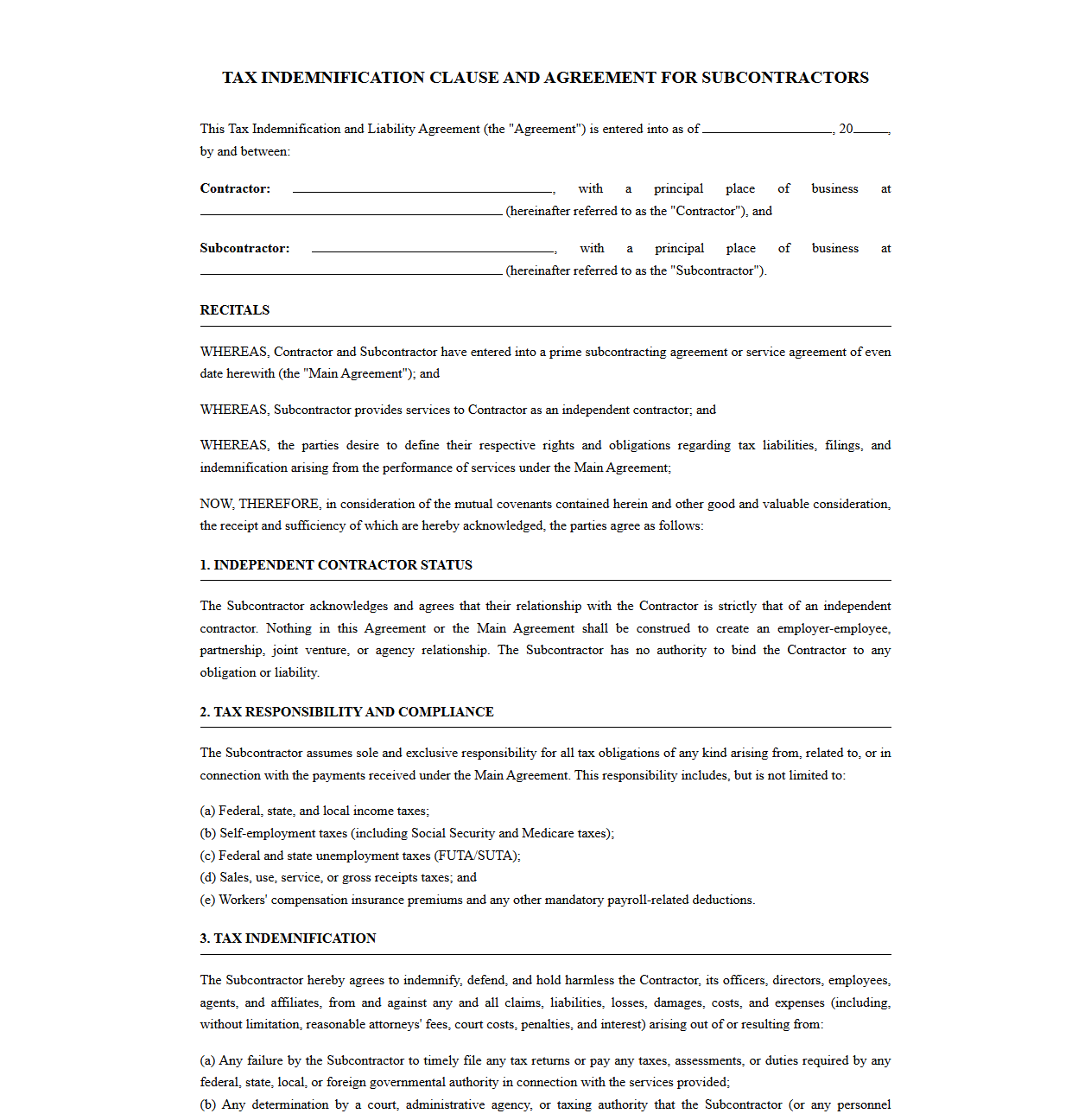 Tax Indemnification Clause and Agreement for Subcontractors