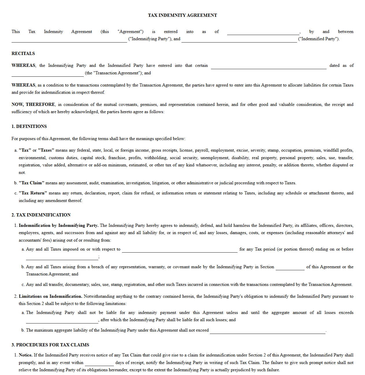 Tax Indemnity Agreement Template