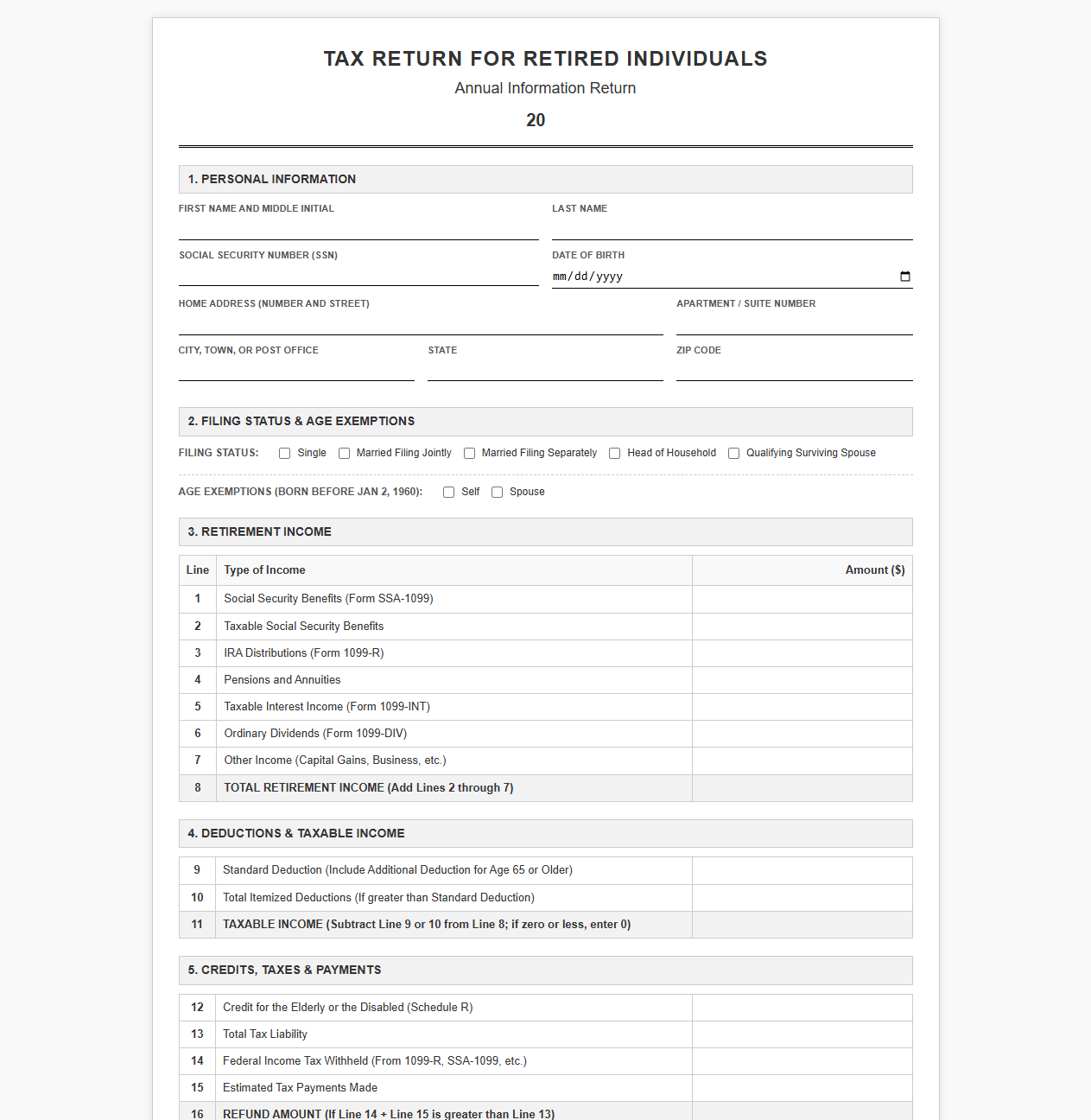 Tax Return Template for Retired Individuals