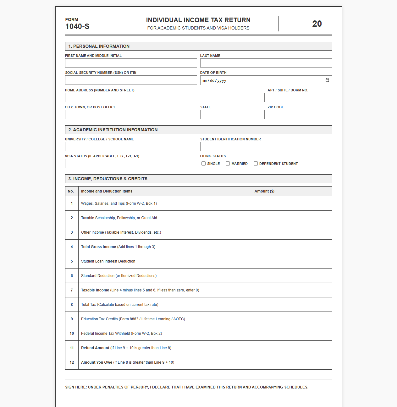 Tax Return Template for Student Filing