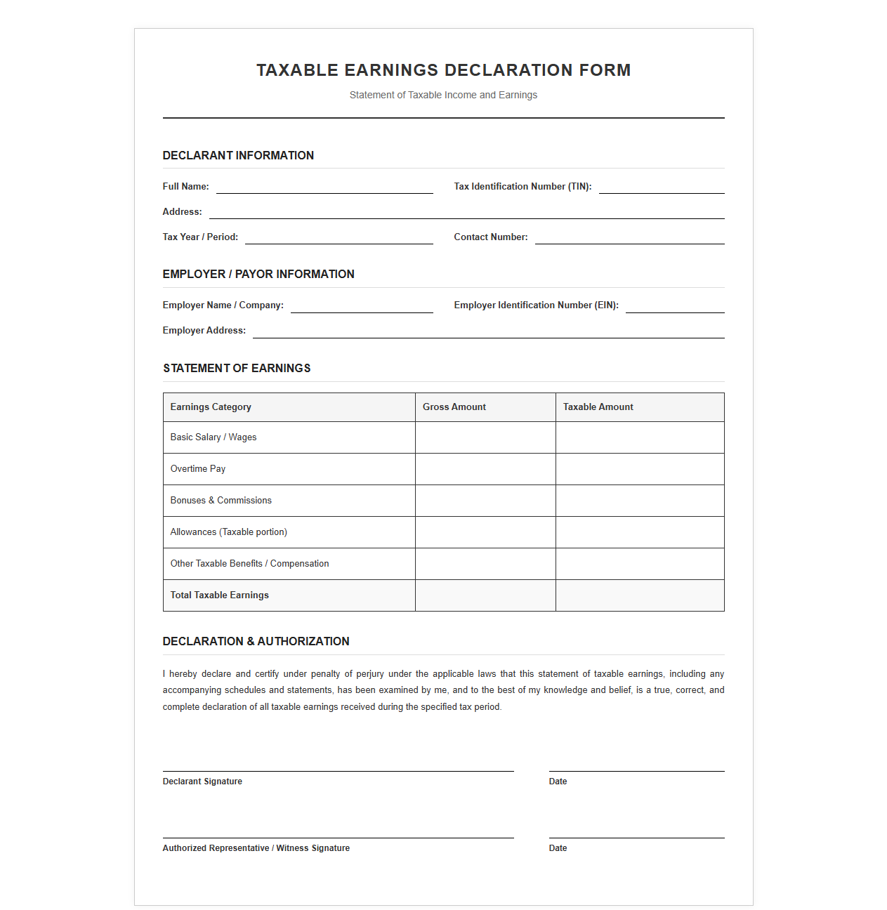 Taxable Earnings Declaration Form Template