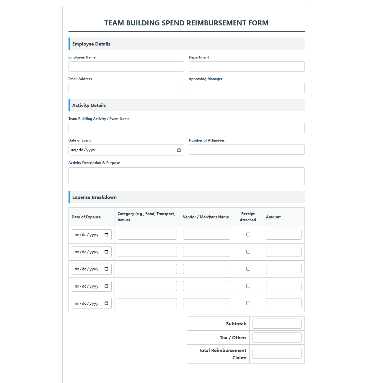 Team Building Spend Reimbursement Form