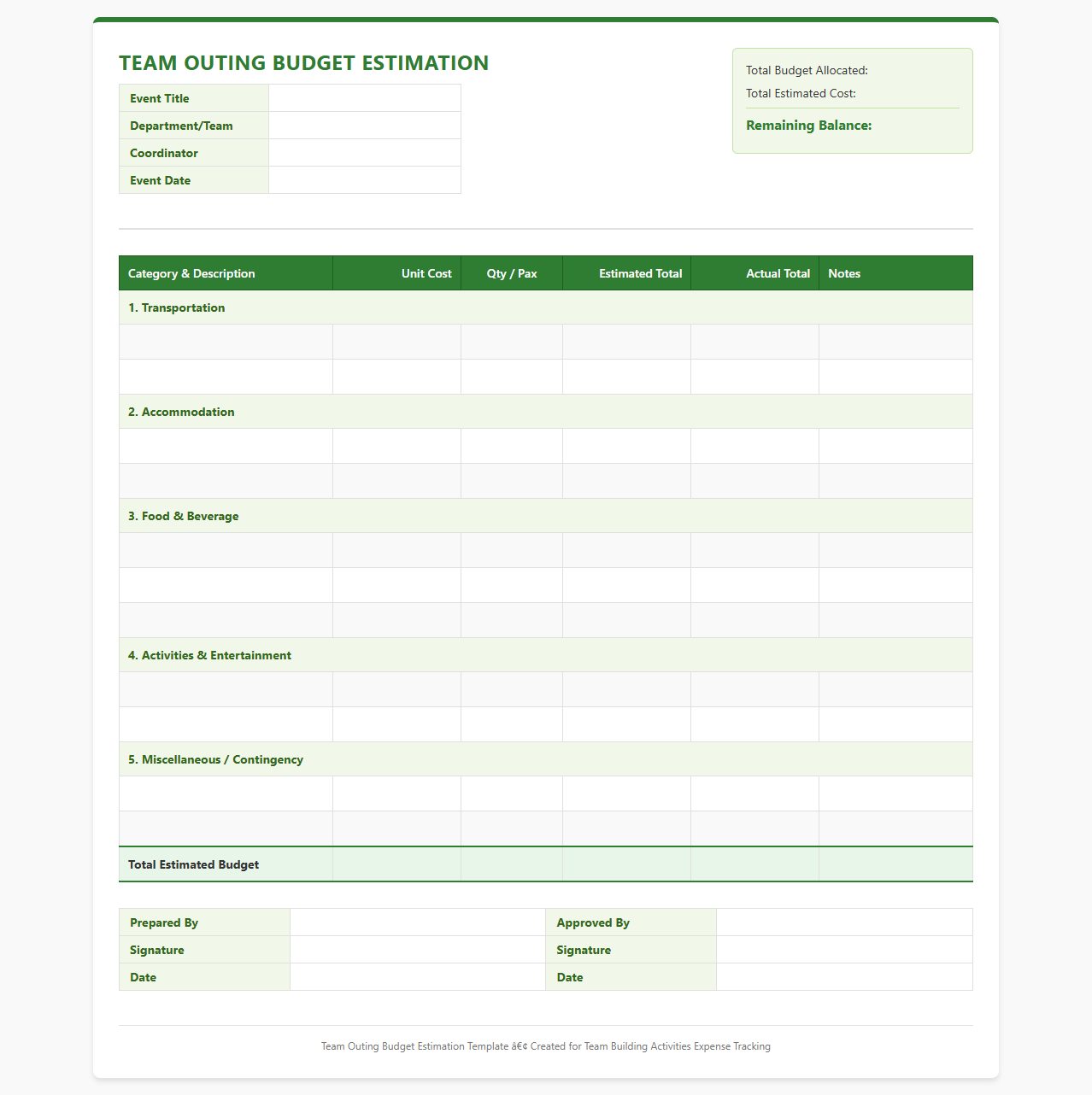 Team Outing Budget Estimation Excel Template