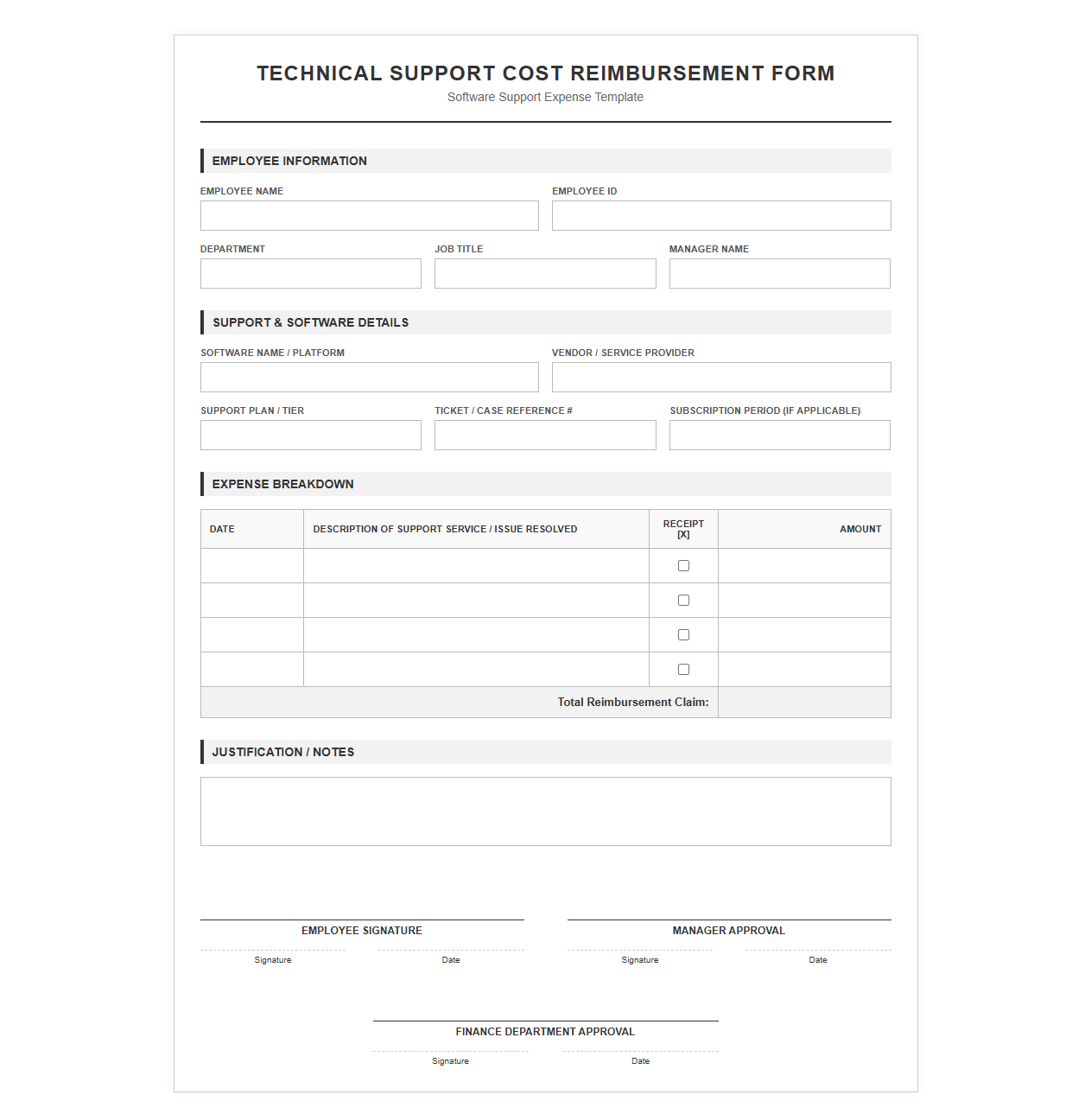 Technical Support Cost Reimbursement Form