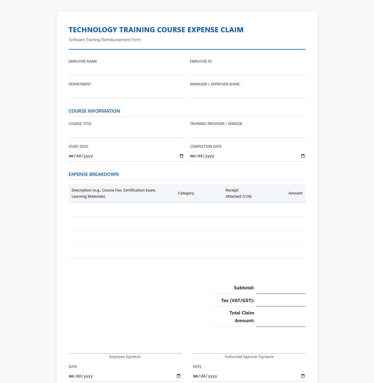 Technology Training Course Expense Claim Template