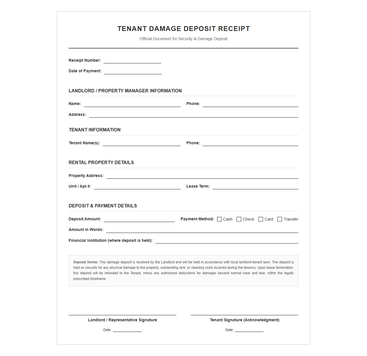 Tenant Damage Deposit Receipt Form