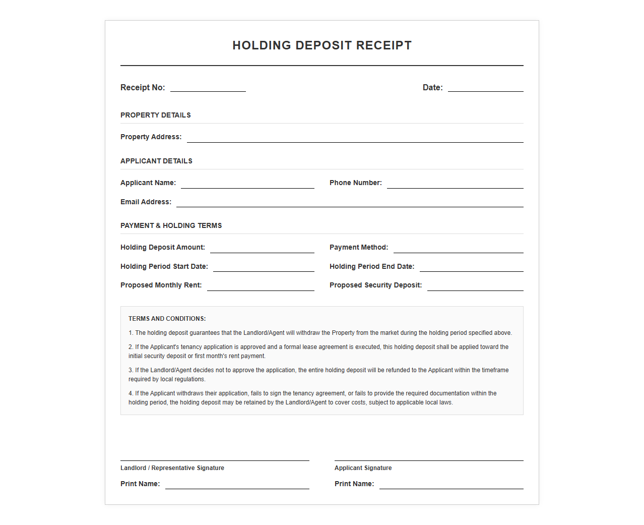 Tenant Holding Deposit Receipt Template