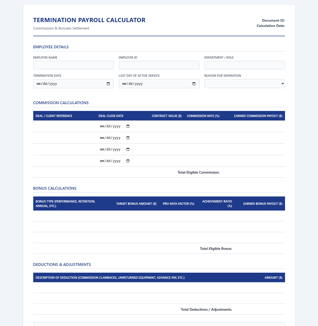 Termination Bonus and Commission Payroll Calculator