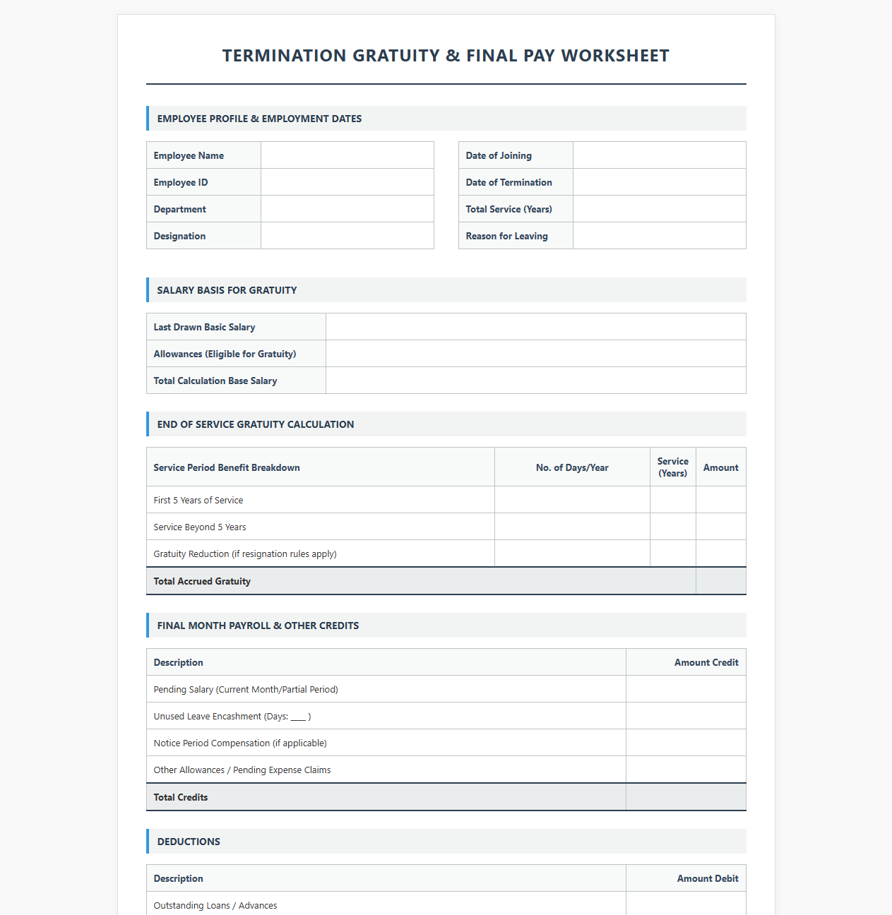 Termination Gratuity and Final Pay Worksheet