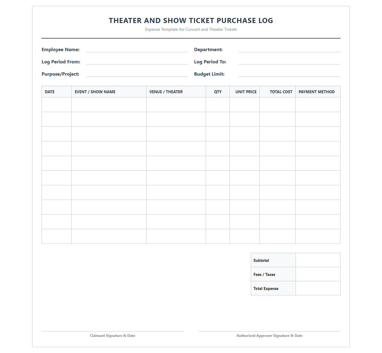 Theater and Show Ticket Purchase Log